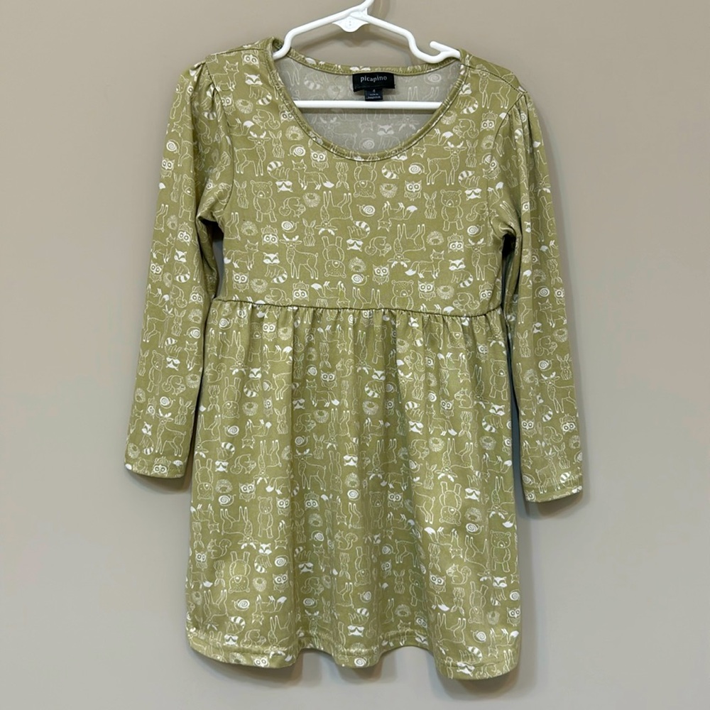 Picapino Woodland Forest Creatures Sage Green Long Sleeve Pullover Dress Owl Fox